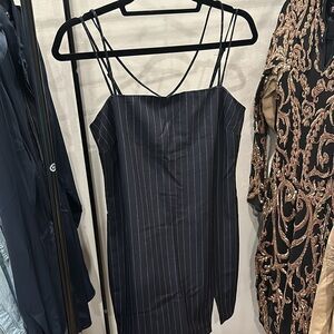 Elodie Navy White Pinstripe Strappy Mini Dress with Slit